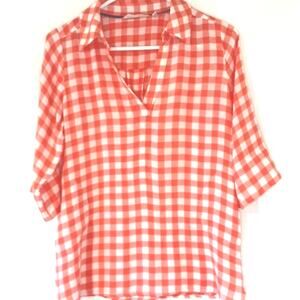 Soft Surrounding Womens Sz S Petite Orange Plaid Lagenlook Pockets V-Neck Blouse